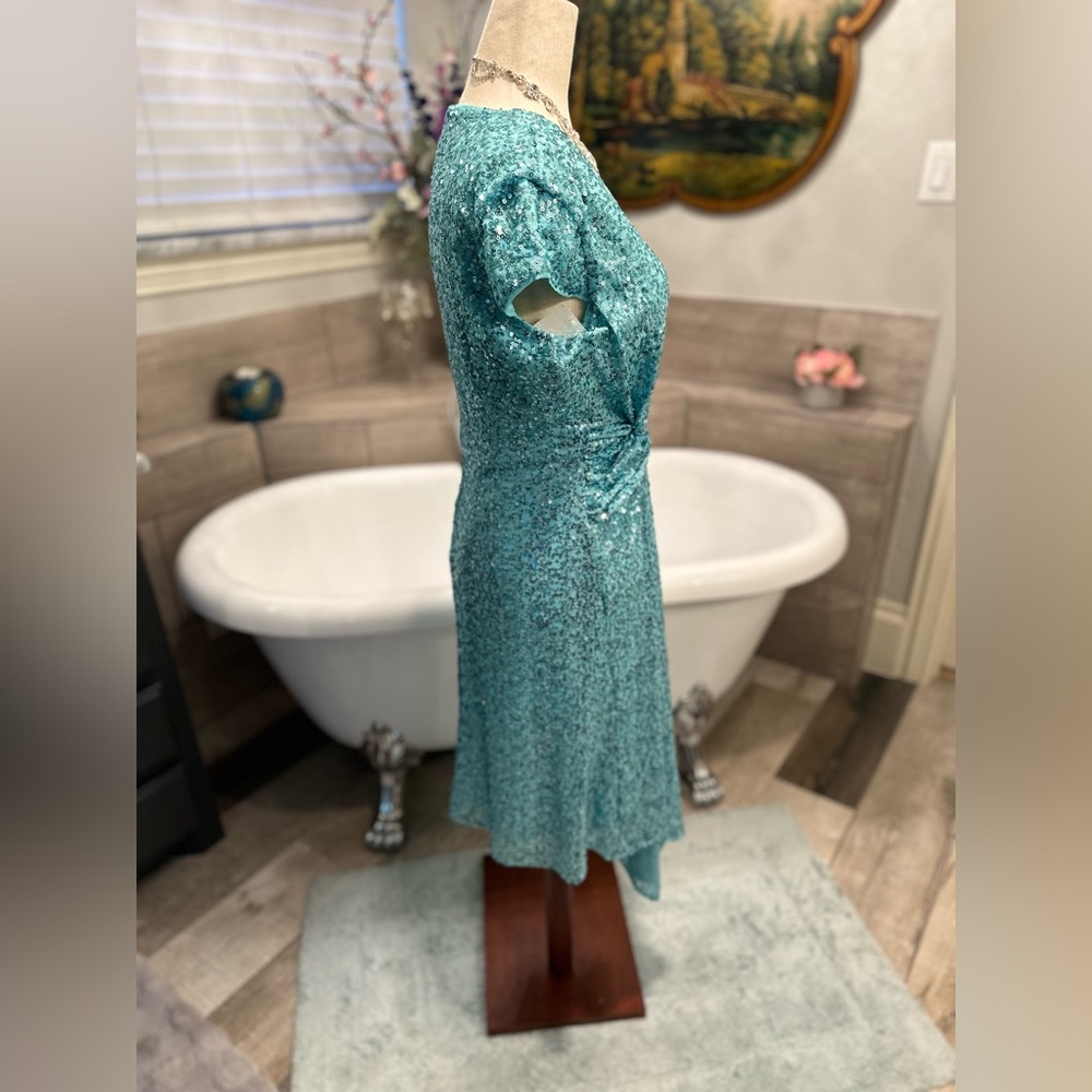 NWT Maggy London Aqua Teal Sequin Asymmetrical Spring Fling Dress 4 - Picture 10 of 12